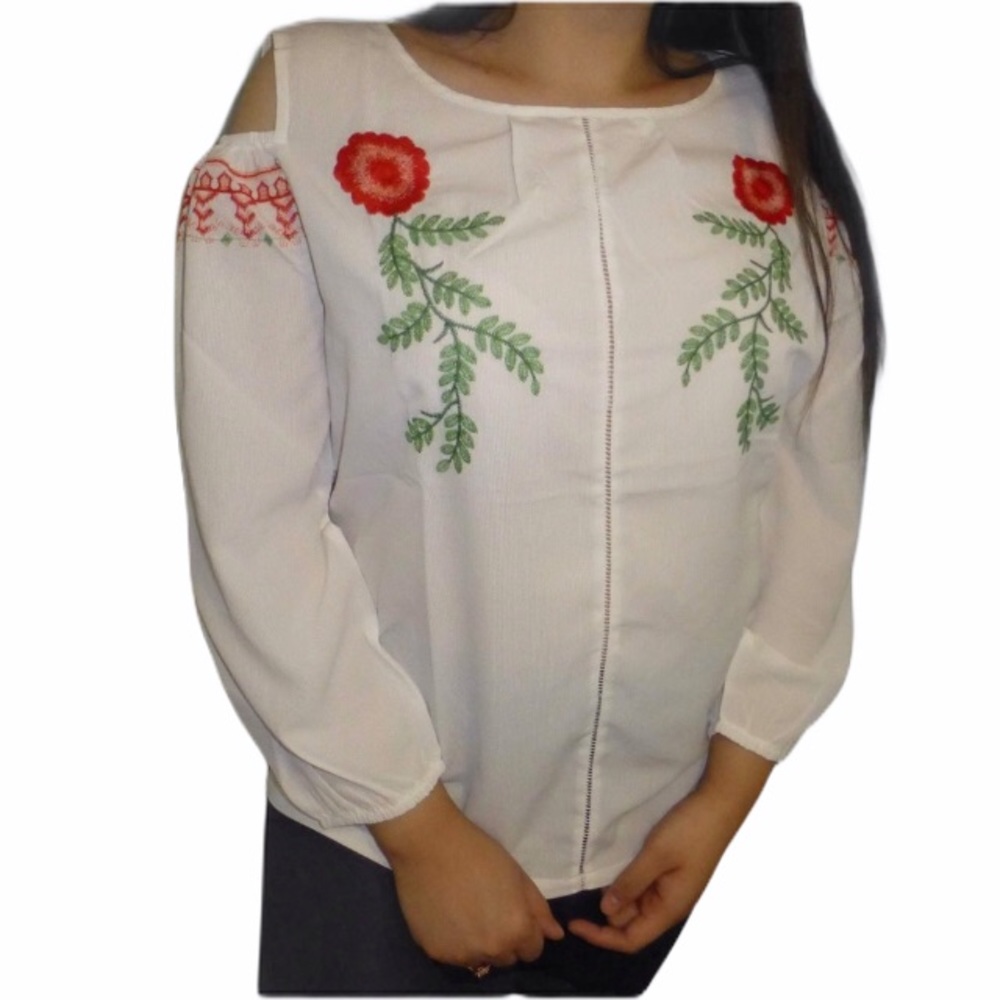 New Floral Embroidered Cold Shoulder Blouse Medium